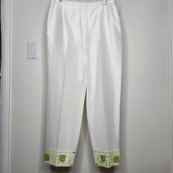 DAVID MEISTER 100% Silk Lined White Capris Pants w/ Green Beaded Cuffs Size 6 - Picture 1 of 12